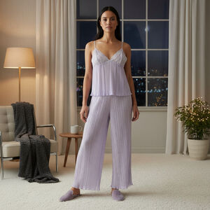 Twiggy London Vintage Lavender Pleated Lace Pajama Set Size L